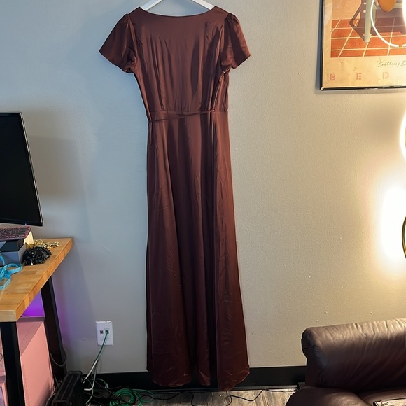 Baltic Born Krystal Satin Wrap Gown in Dark Clove Size Small - Picture 2 of 5